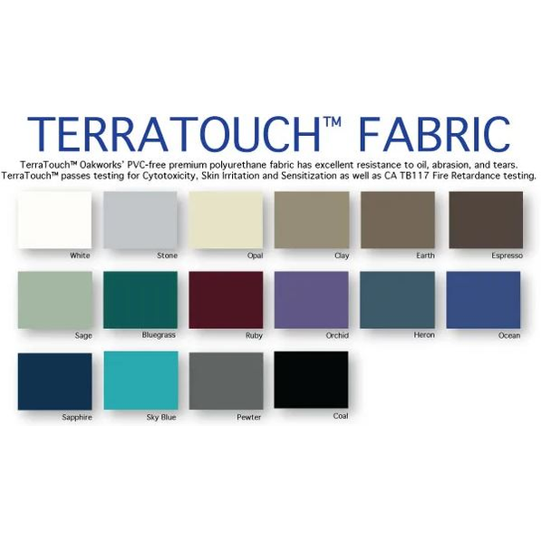 TerraTouch PVC-free polyurethane fabric color swatches for massage tables including White Stone Opal Clay Earth Espresso Sage Bluegrass Ruby Orchid Heron Ocean Sapphire Sky Blue Pewter Coal