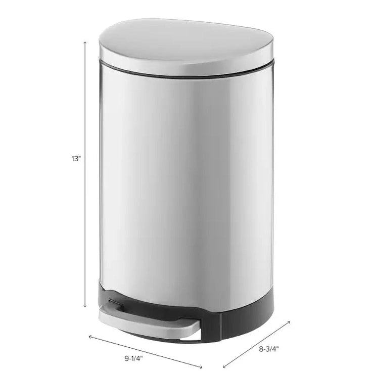 13-inch semi-round stainless steel step-on bin with dimension overlay