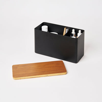 Yamazaki Home Countertop Organizer - Black with props, set against a white background.