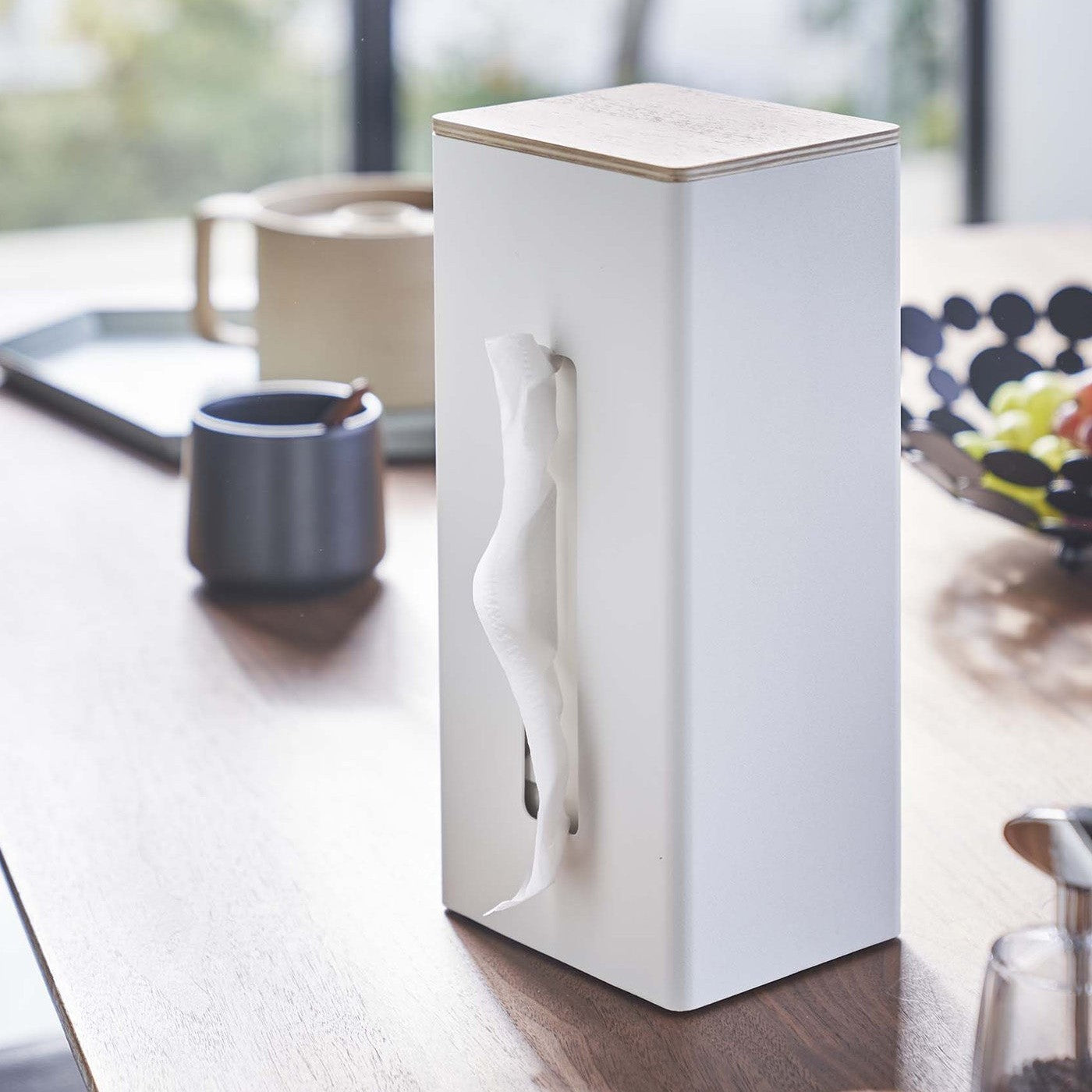 White Yamazaki Two-Sided Tissue Case on a kitchen table