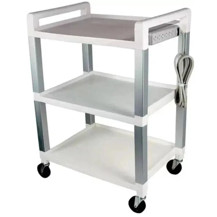 Ideal poly 3-shelf cart with power strip in gray