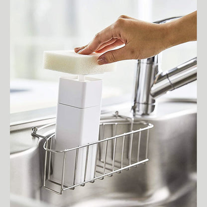 White One-Handed Push Soap Dispenser in kitchen sink by Yamazaki Home.