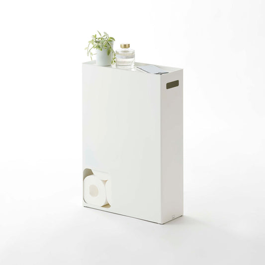 Yamazaki Home white steel toilet paper stocker with carry handle, holds 8 to 12 rolls