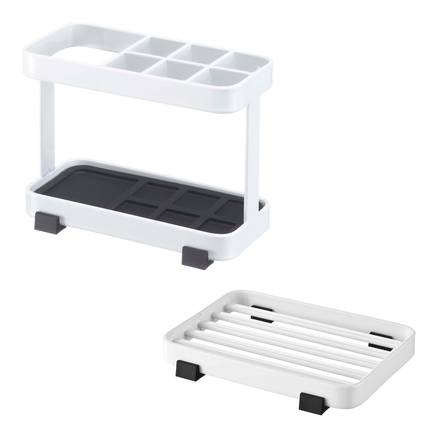 Slotted Soap Tray & Toothbrush + Toiletries Stand - Steel on a blank background.