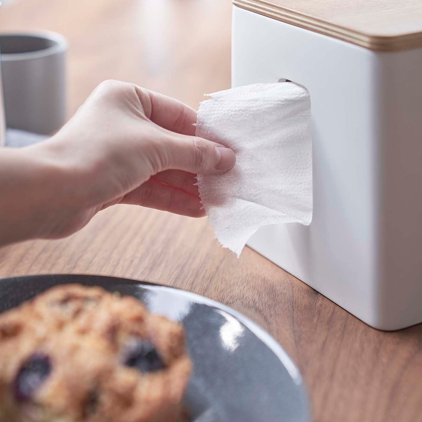 Person removing paper from white toilet paper holder on tabletop by Yamazaki Home.
