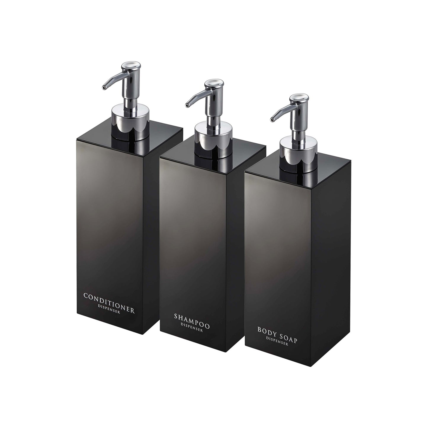 Square Dispenser Bundle - Shampoo, Conditioner, and Body Soap on a white background.
