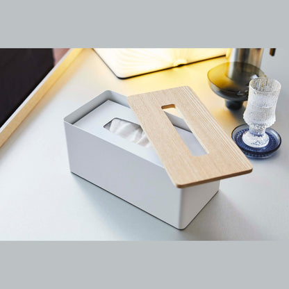 White Tissue Case with cover off on coffee table by Yamazaki Home.