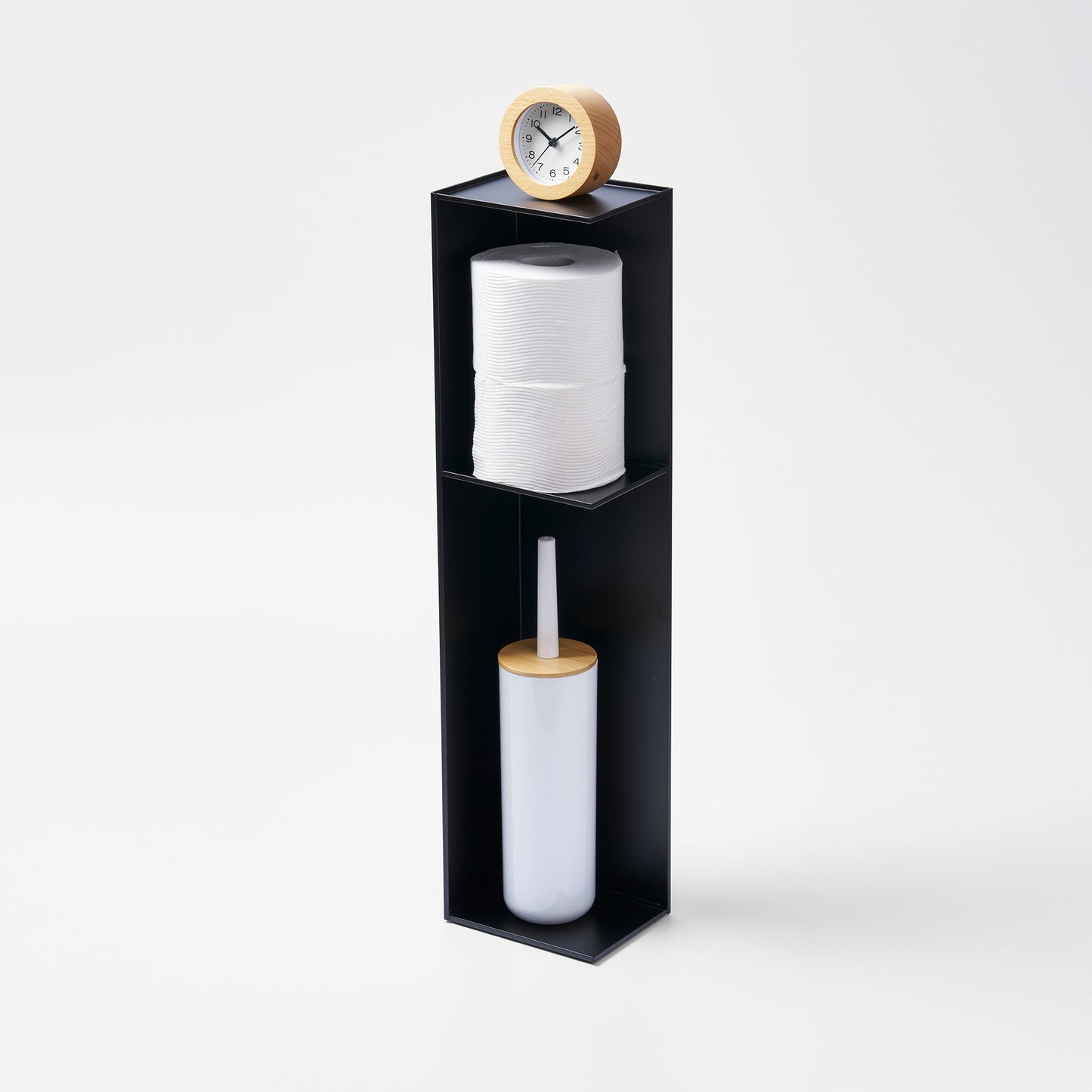 Yamazaki Home Bathroom Organizer with props, set against a white background.