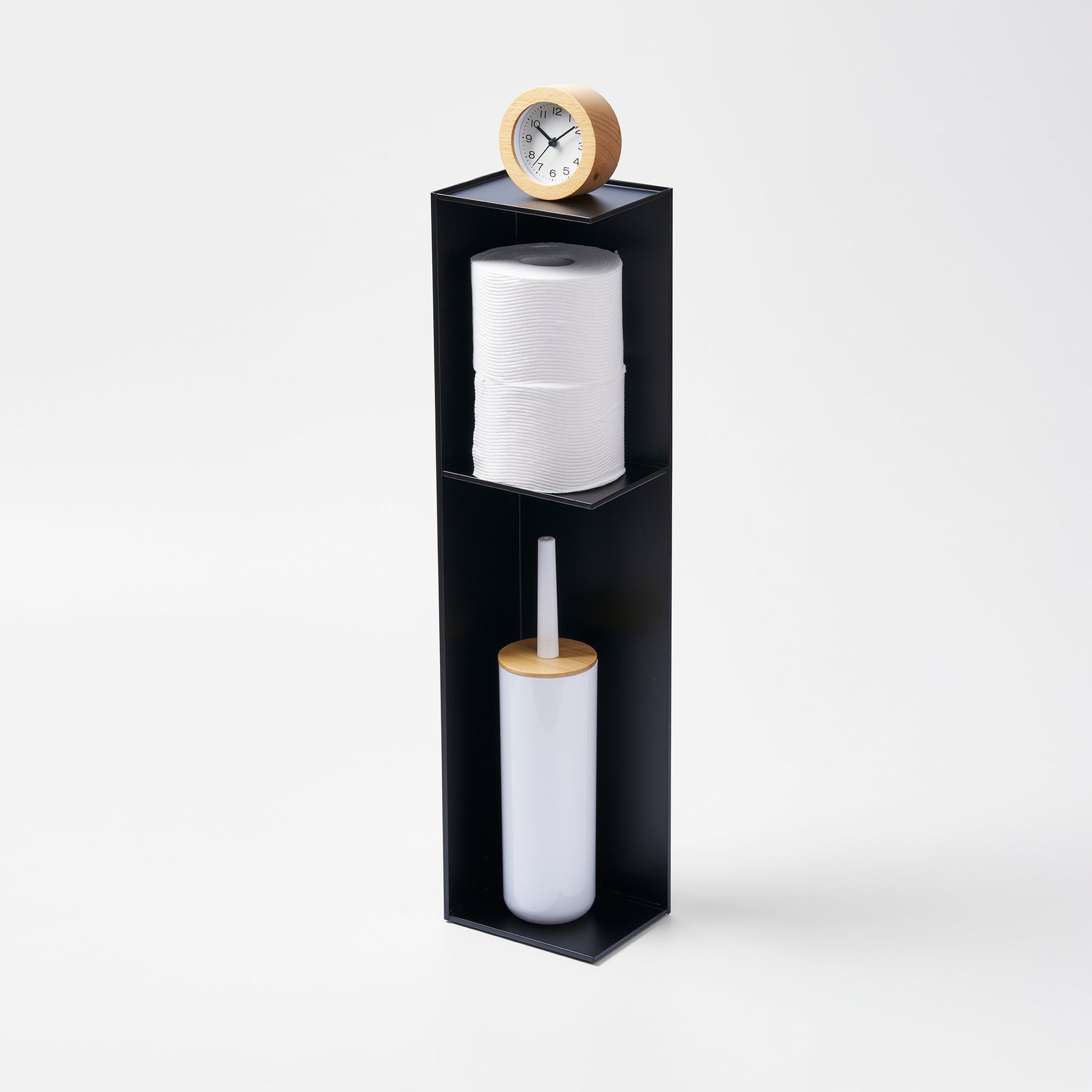Yamazaki Home Bathroom Organizer with props, set against a white background.